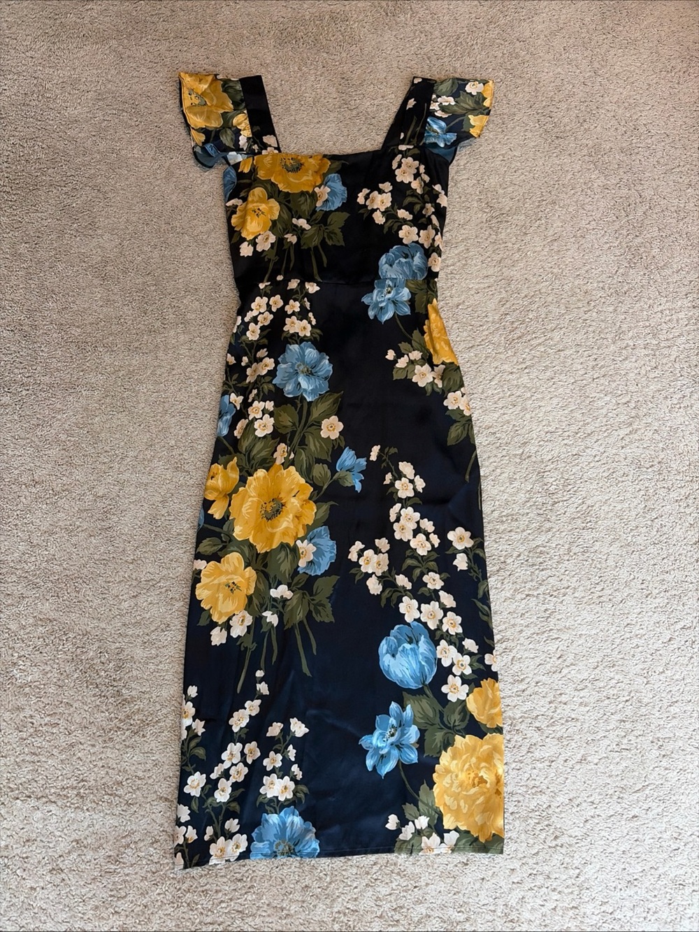 Reformation Navy Blue Floral Wedding Guest Cocktail Midi Dress Size 6 Ruffle